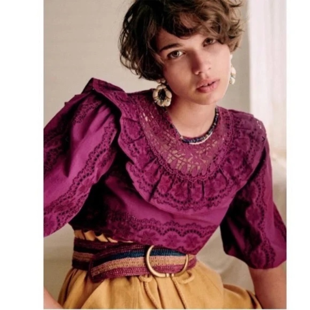 Sezane Elsa Blouse Eyelet Embroidered Ruffled Blouse in Purple Violet
